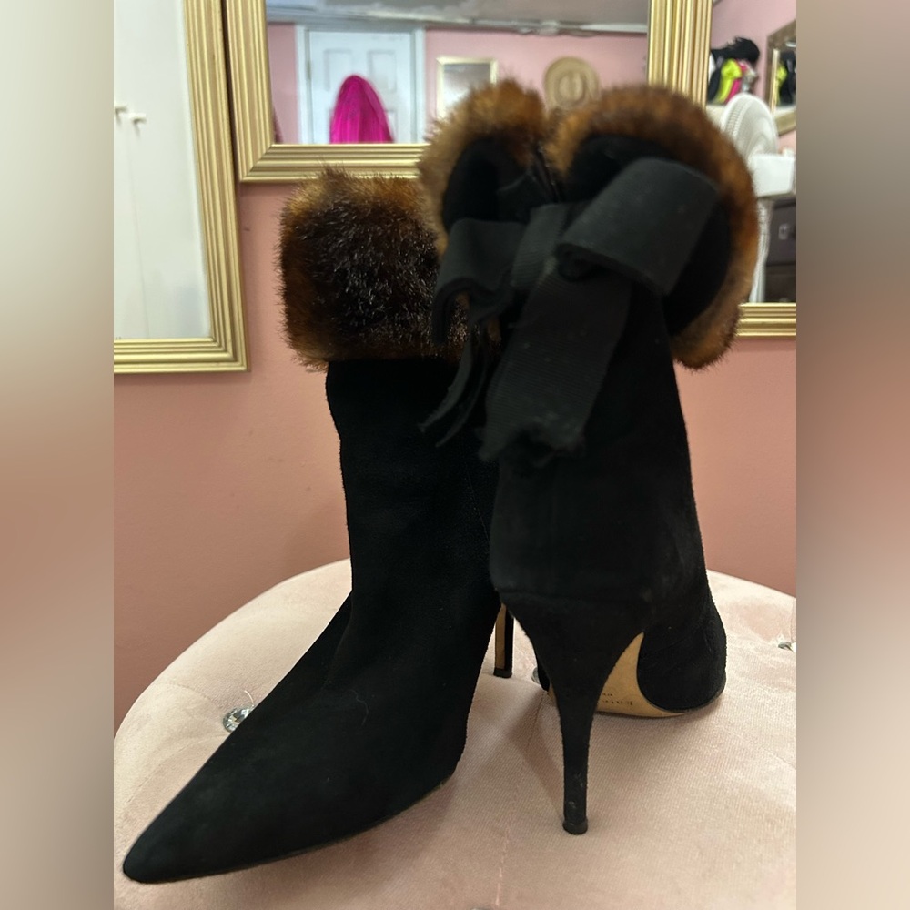 Kate Spade Black and Brown Fur-Trimmed Heeled Boots